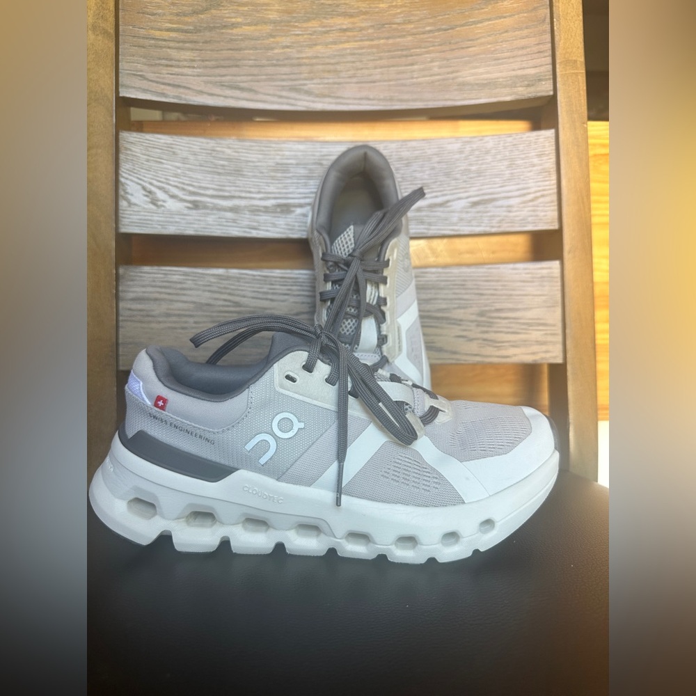 On Running Gray and White Athletic Shoes